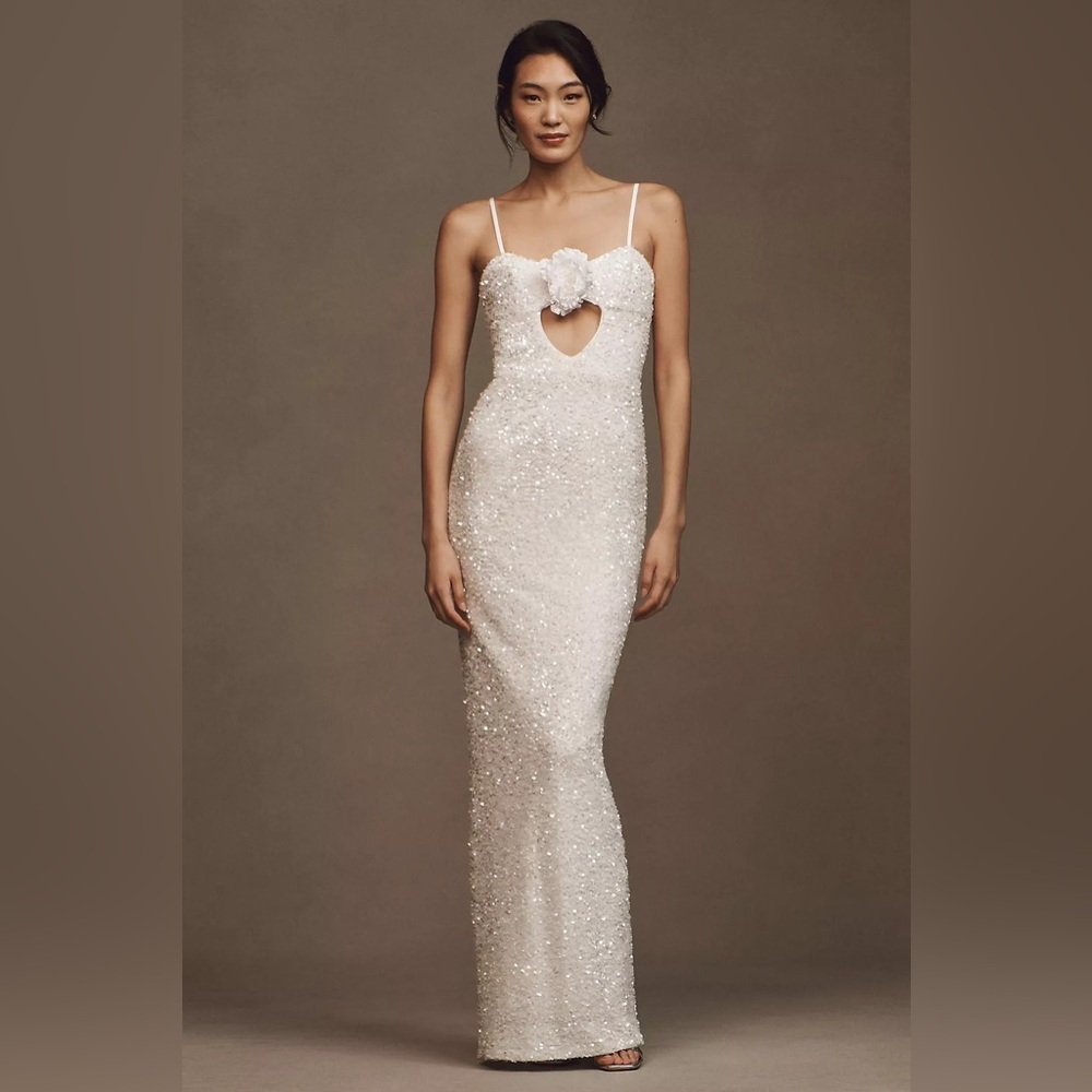 New! Helsi x Anthropologie Lyla White Sequin Rose Keyhole Column Maxi Dress🤍 Lrg - Picture 9 of 15